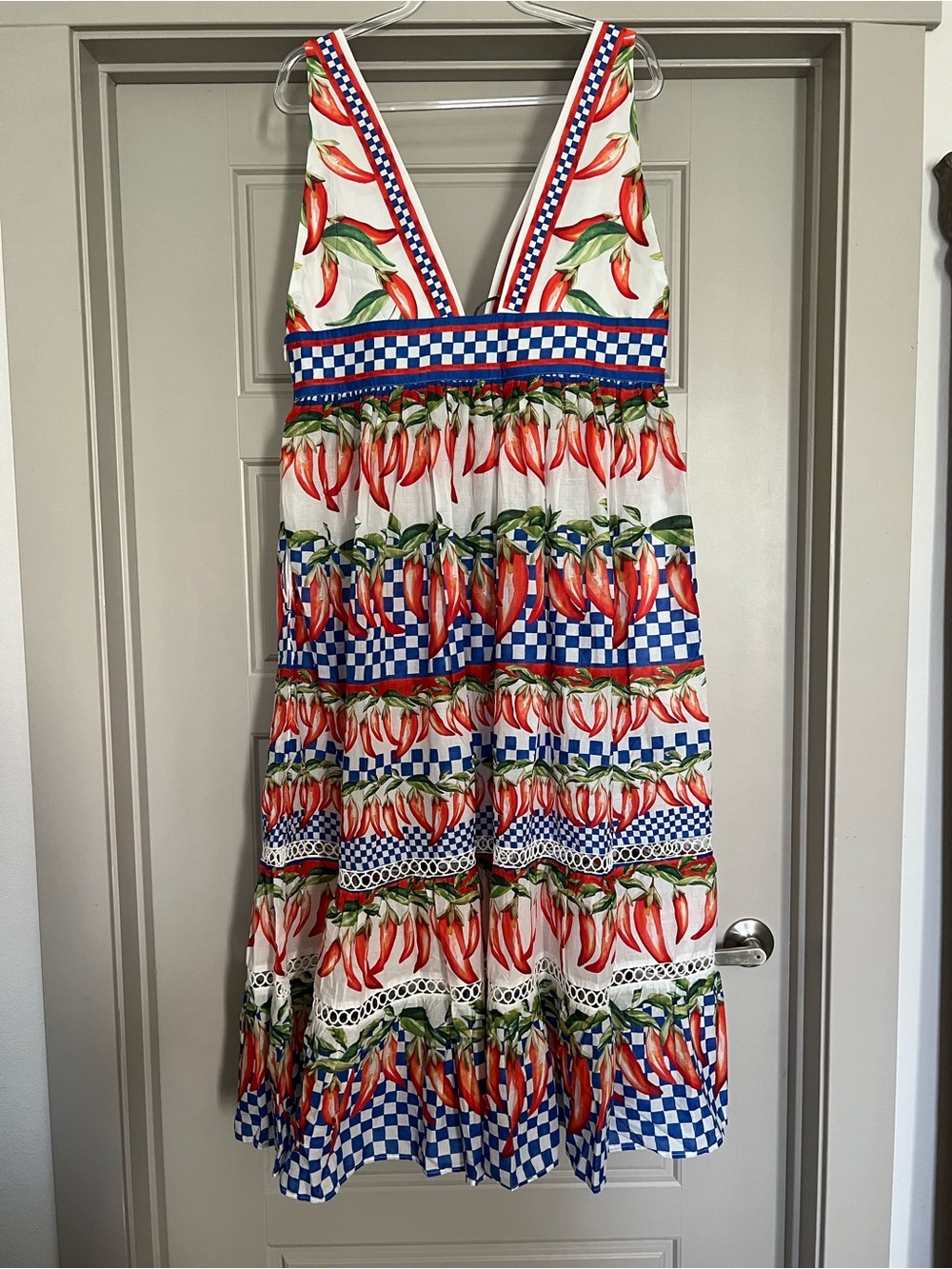FARM Rio White Maxi Dress with Red Chili Print and Blue Check Accents - Picture 2 of 5